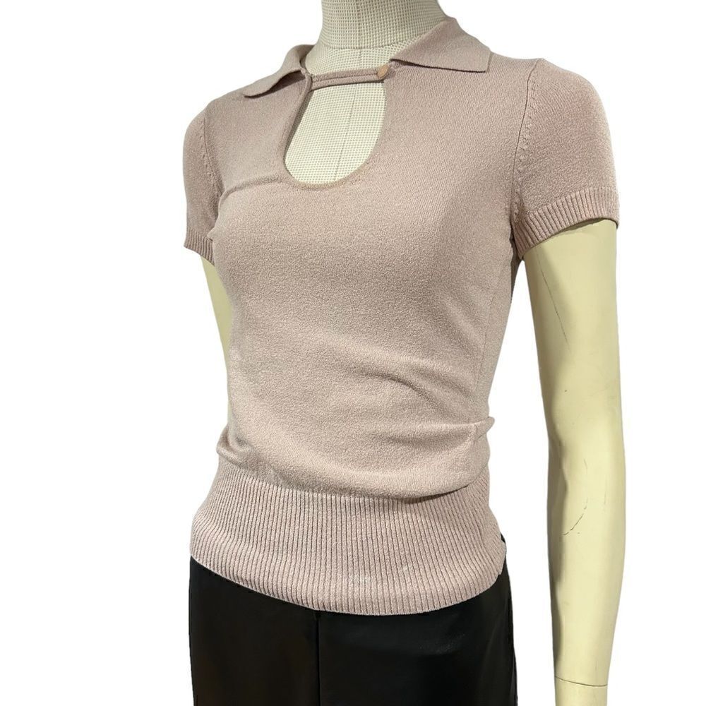 Revolve Bebe Vintage Silk Blend Neck Closure Ribbed Short Sleeve Polo Shirt